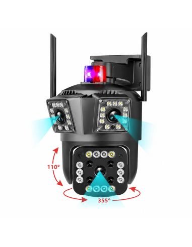 Cámara PTZ Exterior 6MP Doble Lente WiFi V380, referencia HY-007DS-WF6MP, detalle de conectores y puertos