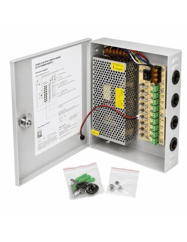 Fuente Centralizada 12V 10A 9 Canales Protegidos CCTV, referencia FUENTE12V10AMP, vista en ángulo