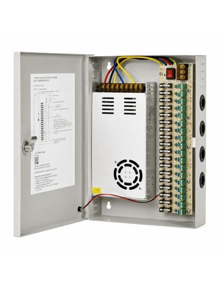 Fuente Centralizada 12V 30A 18 Salidas para CCTV, referencia FUENTE12V30AMP, vista frontal