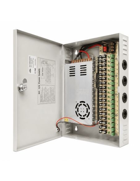 Fuente Centralizada 12V 30A 18 Salidas para CCTV, referencia FUENTE12V30AMP, vista en ángulo