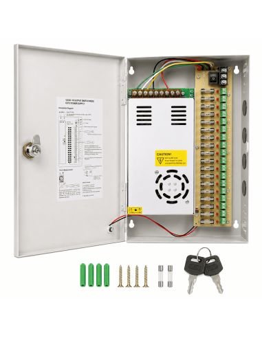 Fuente Centralizada 12V 30A 18 Salidas para CCTV, referencia FUENTE12V30AMP, detalle de conectores y puertos
