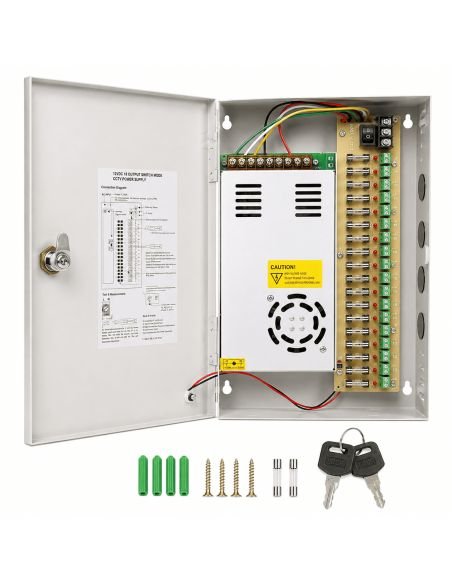 Fuente Centralizada 12V 30A 18 Salidas para CCTV, referencia FUENTE12V30AMP, detalle de conectores y puertos