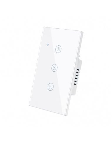 Interruptor Inteligente WiFi RF 3 Canales Tuya Alexa, referencia 60509, vista en ángulo