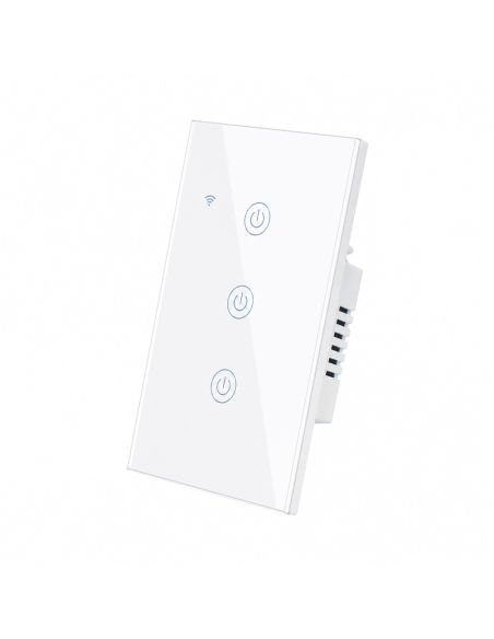Interruptor Inteligente WiFi RF 3 Canales Tuya Alexa, referencia 60509, vista en ángulo