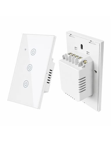 Interruptor Inteligente WiFi RF 3 Canales Tuya Alexa, referencia 60509, detalle de conectores y puertos