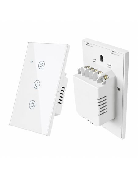 Interruptor Inteligente WiFi RF 3 Canales Tuya Alexa, referencia 60509, detalle de conectores y puertos