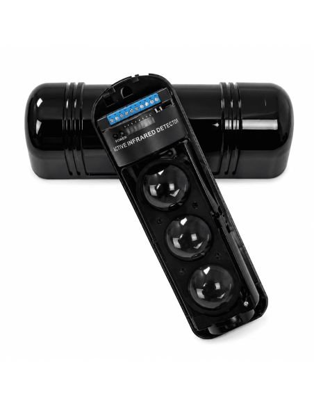 Barrera Infrarroja 3 Haces Hasta 250m IP55, referencia ABT-250, detalle de conectores y puertos