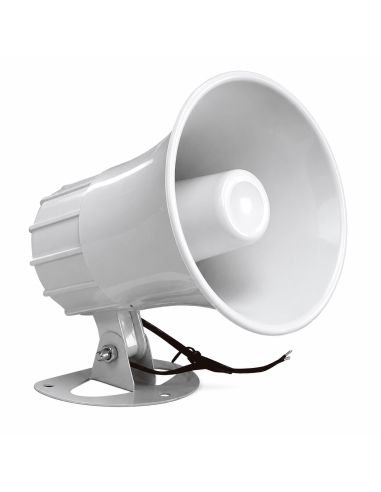 Sirena Conica Alarma 15-20W 6 a 12V DC Alta Potencia, referencia SRB20W, detalle de conectores y puertos