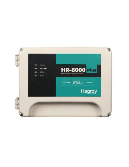 Electrificador HR 8000 Plus 10000m 96 Sensores 1,2J, referencia HG-HR-8000PLUS110, detalle de conectores y puertos
