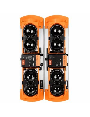 Barrera Infrarroja 4 Haces 250m 4 Frecuencias IP65, referencia GVBH250L, detalle de conectores y puertos