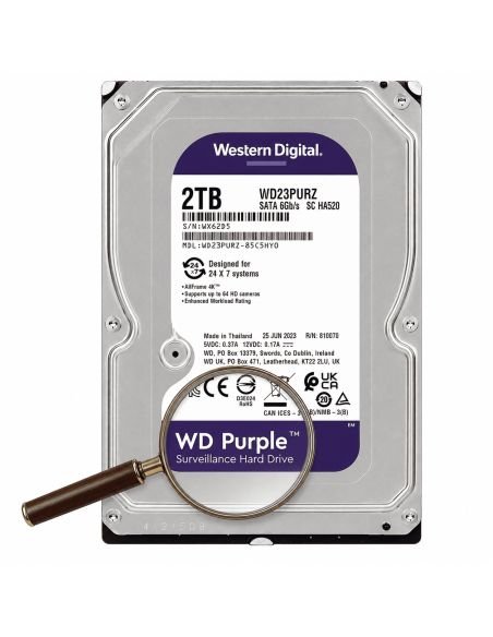 Disco WD Purple 2TB AllFrame Cache 256MB SATA III, referencia WD23PURZ, detalle de conectores y puertos