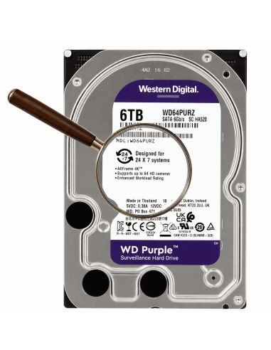 Disco WD Purple 6TB AllFrame 256MB SATA III 24/7, referencia WD64PURZ, vista en ángulo