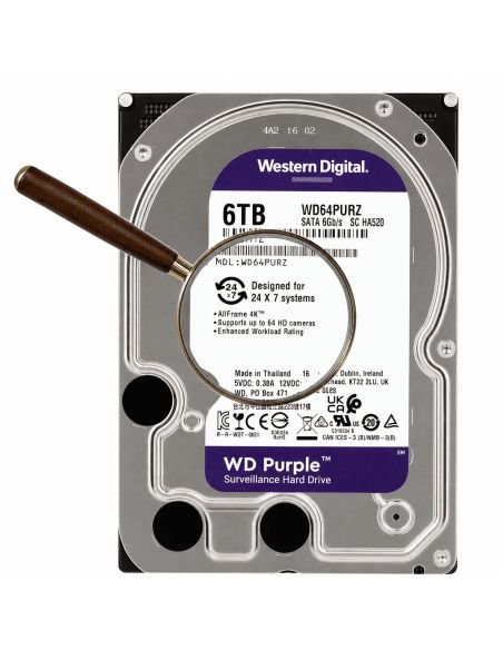 Disco WD Purple 6TB AllFrame 256MB SATA III 24/7, referencia WD64PURZ, vista en ángulo