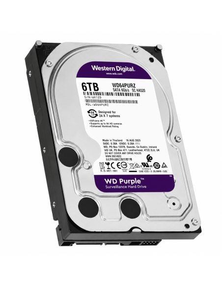 Disco WD Purple 6TB AllFrame 256MB SATA III 24/7, referencia WD64PURZ, detalle de conectores y puertos