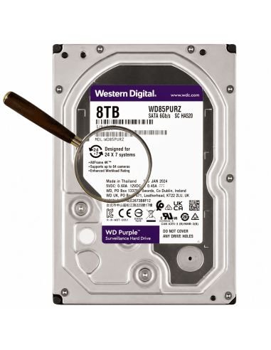Disco WD Purple 8TB 5640RPM Grabación Continua 24/7, referencia WD85PURZ, vista en ángulo