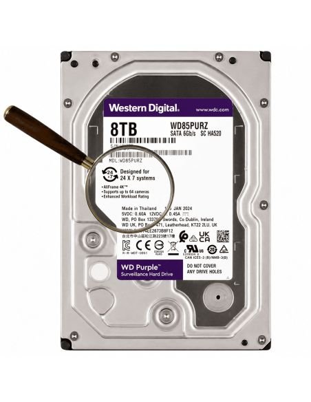 Disco WD Purple 8TB 5640RPM Grabación Continua 24/7, referencia WD85PURZ, vista en ángulo