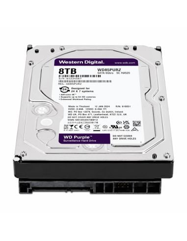 Disco WD Purple 8TB 5640RPM Grabación Continua 24/7, referencia WD85PURZ, detalle de conectores y puertos