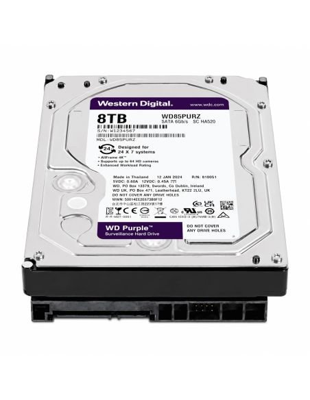 Disco WD Purple 8TB 5640RPM Grabación Continua 24/7, referencia WD85PURZ, detalle de conectores y puertos