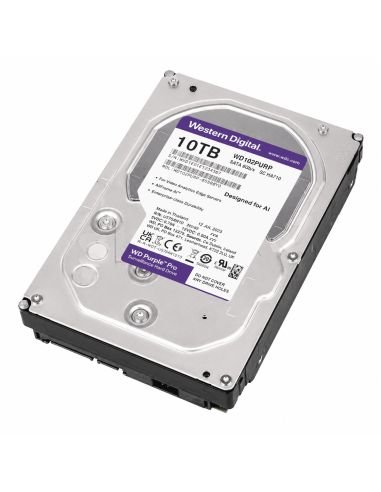 Disco WD Purple Pro 10TB 7200RPM para Sistemas con IA, referencia WD102PURP, vista en ángulo