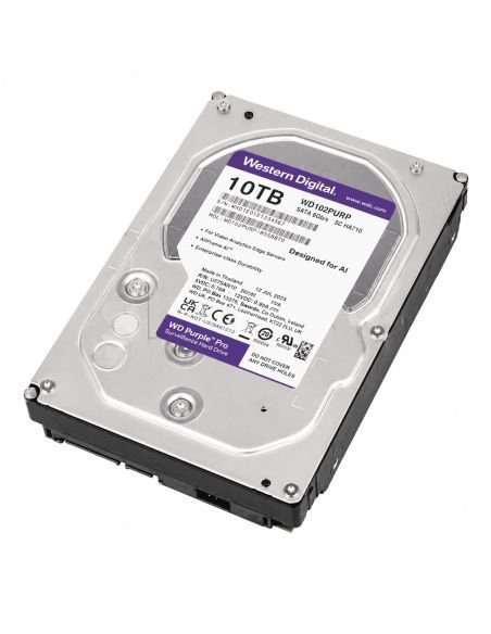 Disco WD Purple Pro 10TB 7200RPM para Sistemas con IA, referencia WD102PURP, vista en ángulo