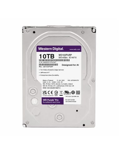 Disco WD Purple Pro 10TB 7200RPM para Sistemas con IA, referencia WD102PURP, detalle de conectores y puertos
