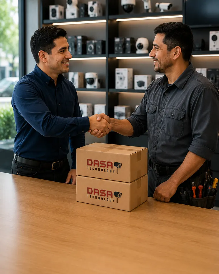 Vendedor de DASA Technology y un instalador dándose la mano sobre el mostrador