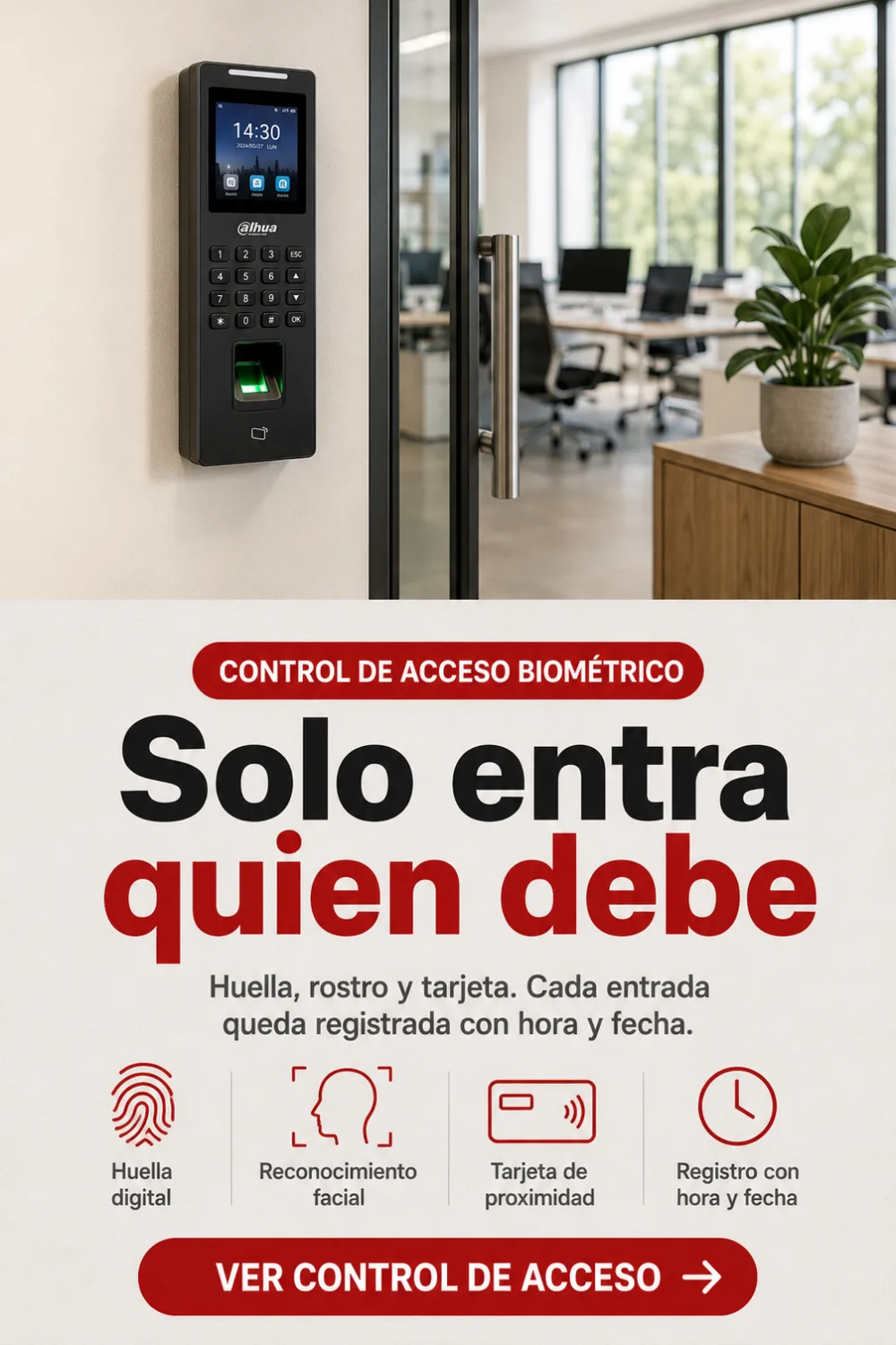 Terminal Dahua de huella y teclado junto a puerta de oficina &mdash; control de acceso biom&eacute;trico