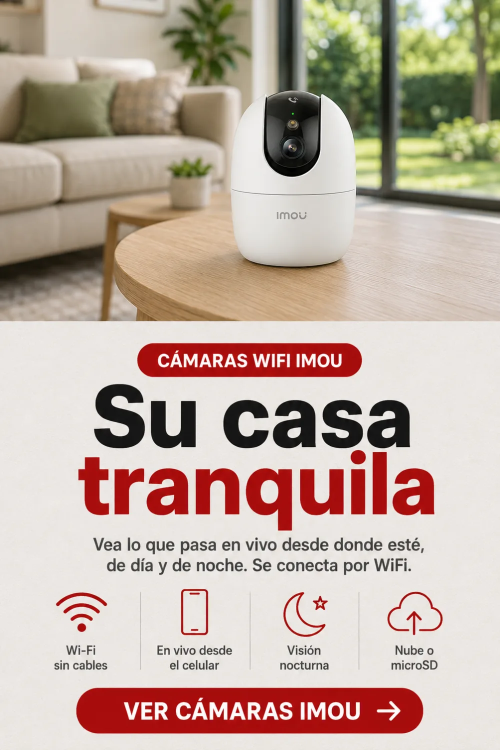 C&aacute;mara WiFi IMOU de interior sobre mesa de sala &mdash; c&aacute;maras inal&aacute;mbricas IMOU para vigilar la casa