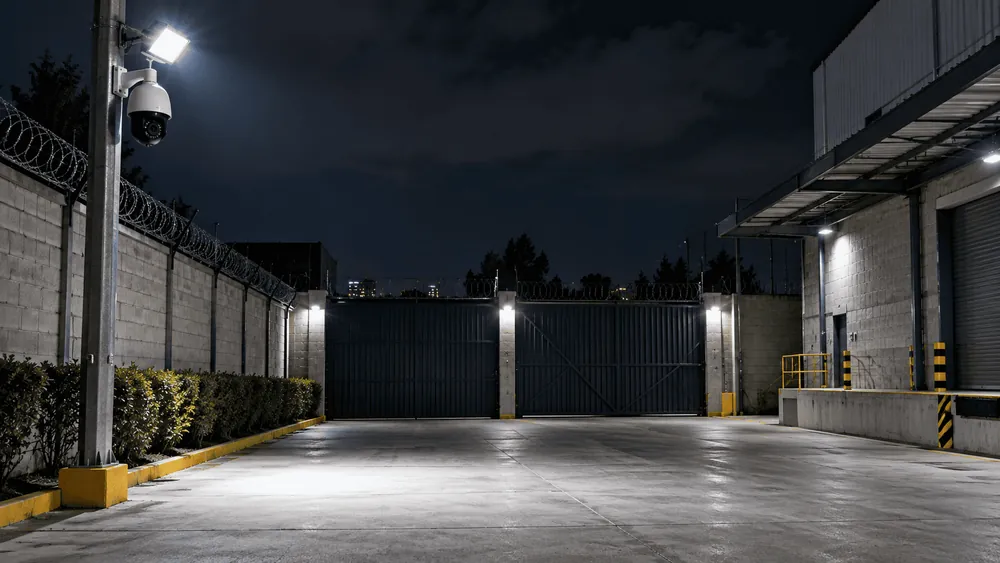 Patio de maniobras de una bodega de noche, con una cámara PTZ y un reflector sobre un poste