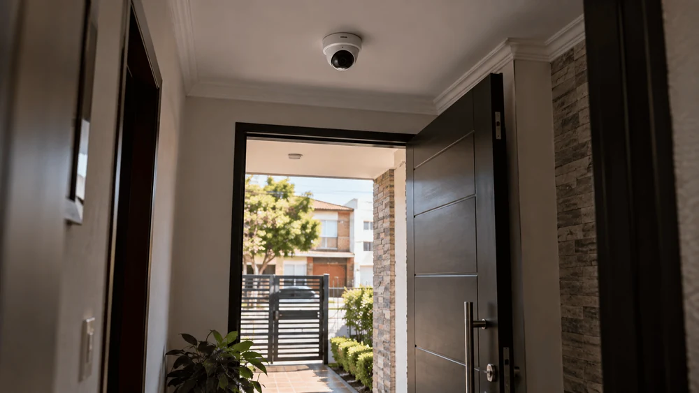 Cámara domo instalada en el techo del zaguán de una casa, apuntando a la puerta de entrada