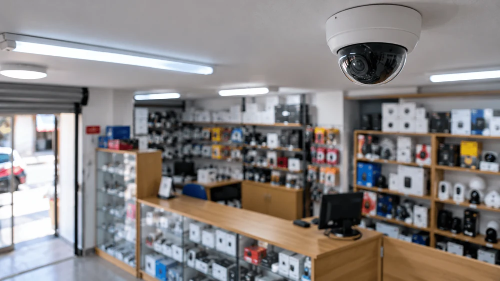 Interior de un local comercial con una cámara domo en el techo sobre el mostrador