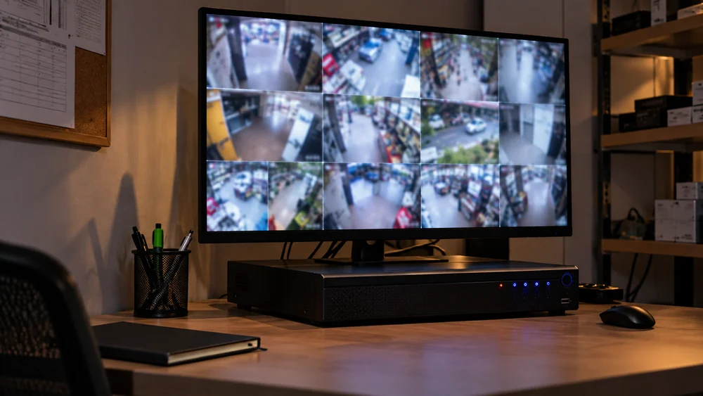 Monitor mostrando la cuadrícula de cámaras de seguridad sobre un grabador en un cuarto de equipos