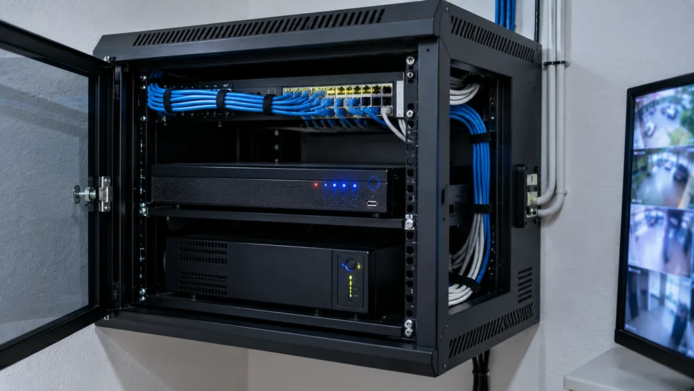 Gabinete de rack en pared con un grabador de seguridad y una UPS debajo, con el cableado ordenado